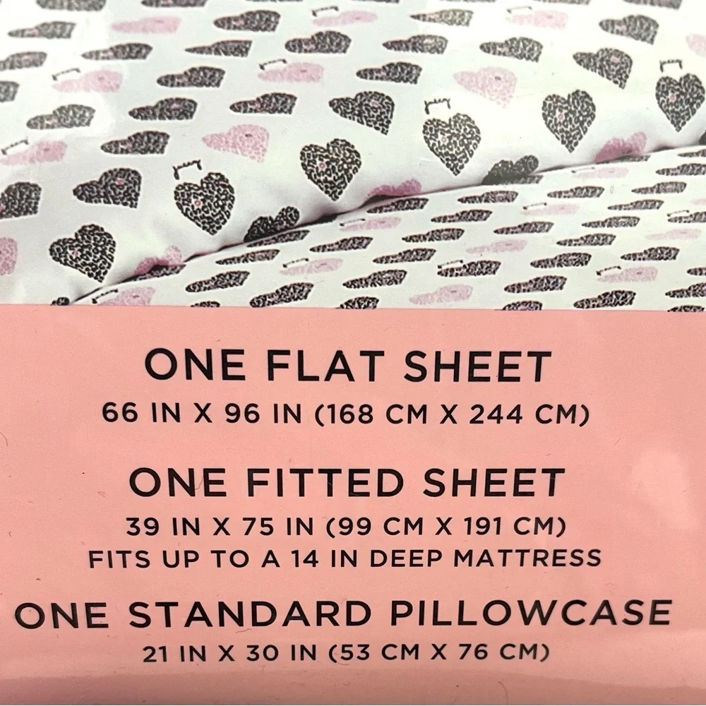 Juicy Couture 3-pc DP Twin Sheet Set White Pink Black Leopard Hearts NEW NIP